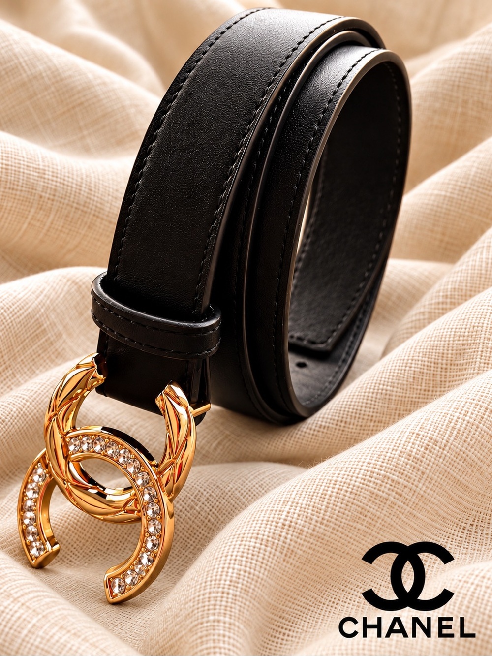 Chanel Inspired Black Belt Gold CC Buckle Crystal CZ Statement Quilt 39.25” - Picture 3 of 9